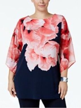 JM Collection Floral Rhinestone Tunic Blouse Red Black XXL
